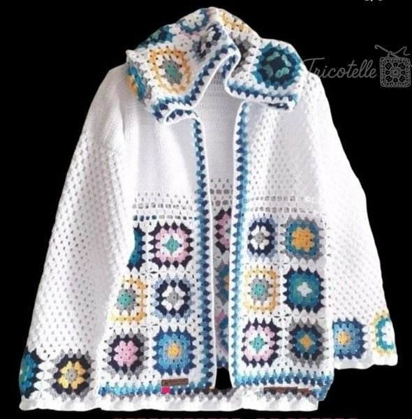 Gilet blanc au crochet avec capuche – motifs granny multicolores – fait main pull tricoté