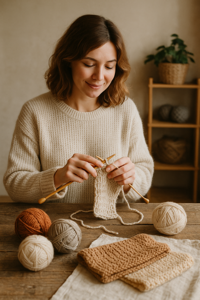 "Femme assise tricotant à la main avec de la laine colorée, dans une ambiance chaleureuse et artisanale.