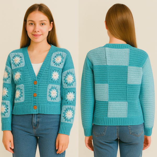 Cardigan en crochet turquoise – Carrés floraux blancs