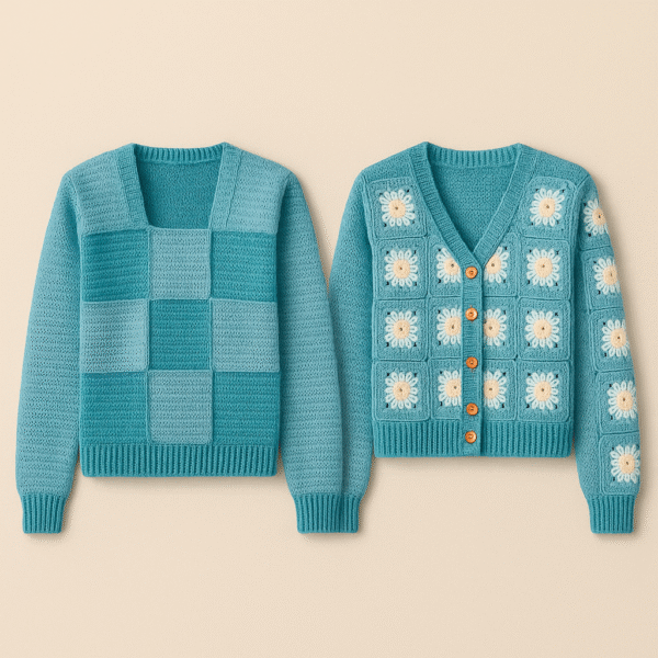 Cardigan en crochet turquoise – Carrés floraux blancs