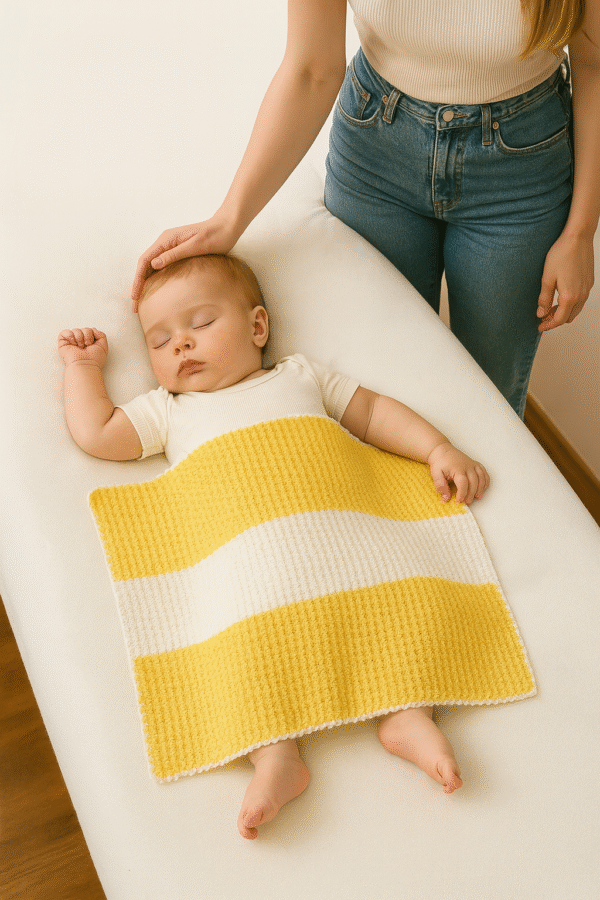 Petite couverture bébé en crochet – Rayures jaunes et blanches