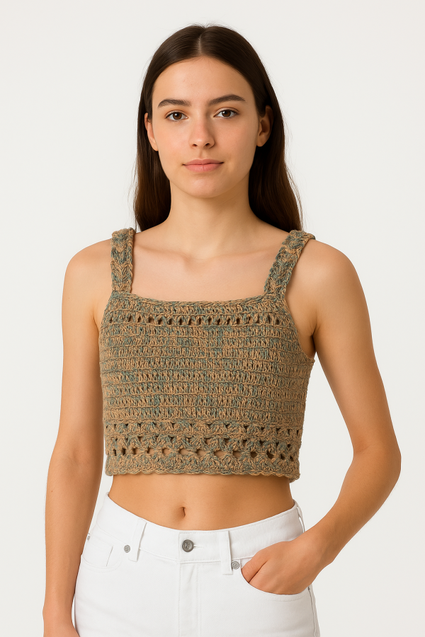 Top court en crochet fait main – Beige et vert
