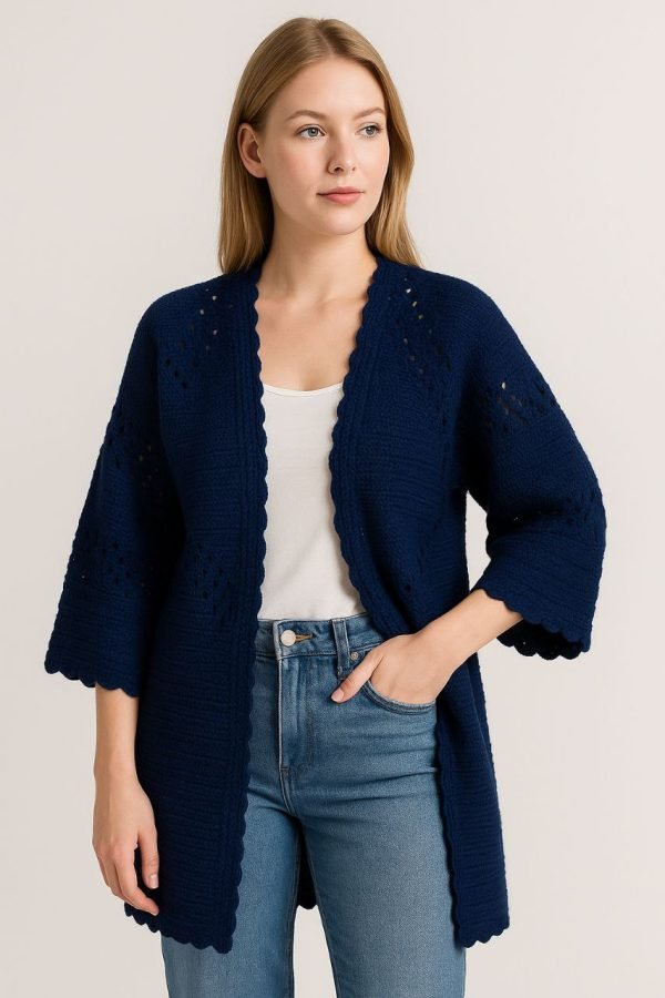 Cardigan crocheté main – Bleu marine | Taille M