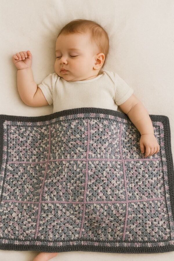 Petite couverture bébé en crochet – Gris, rose et blanc Petite couverture bébé en crochet – Gris, rose et blanc