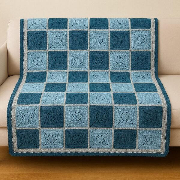 Plaid en crochet – Carrés bleus en dégradé