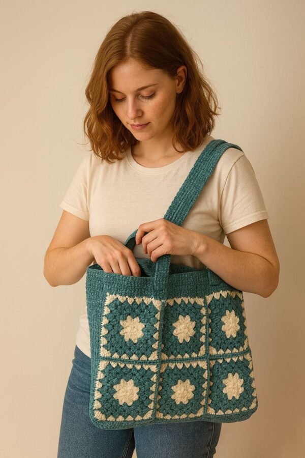 Sac cabas en crochet – Motif granny vert et crème
